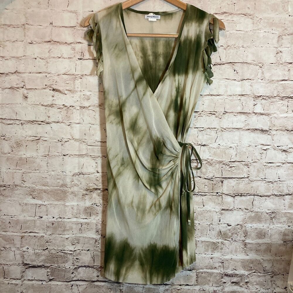 Vintage Johnny Heaven Y2K Dress Womens Large Green Tie‎ Dye Mesh Ruffle Sleeve